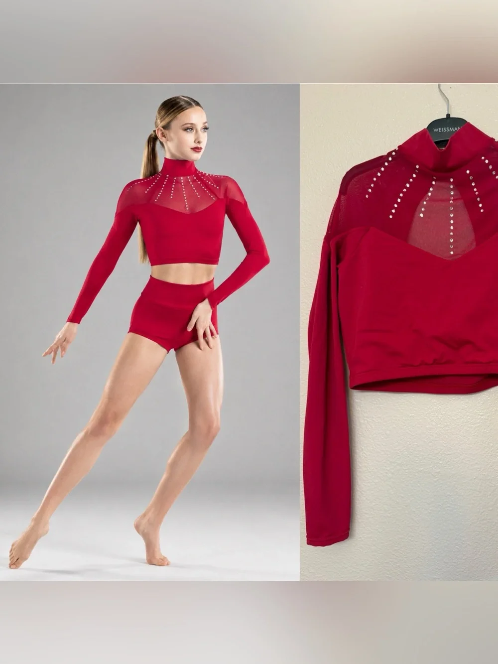 Weissman Ivy Sky dance red Crystal Mesh Crop Top Long sleeve MT11572 LA Large